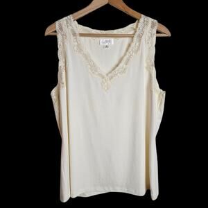 LOFT Womens Off-White Ivory V-Neck Lace Trim Tank Top Size XL Romantic Cottage